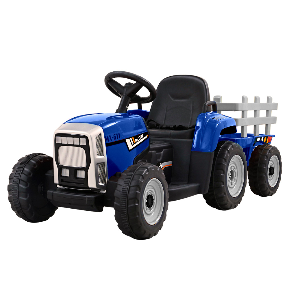 Ride On Car Tractor Trailer Toy Kids Electric Cars 12V Battery Blue