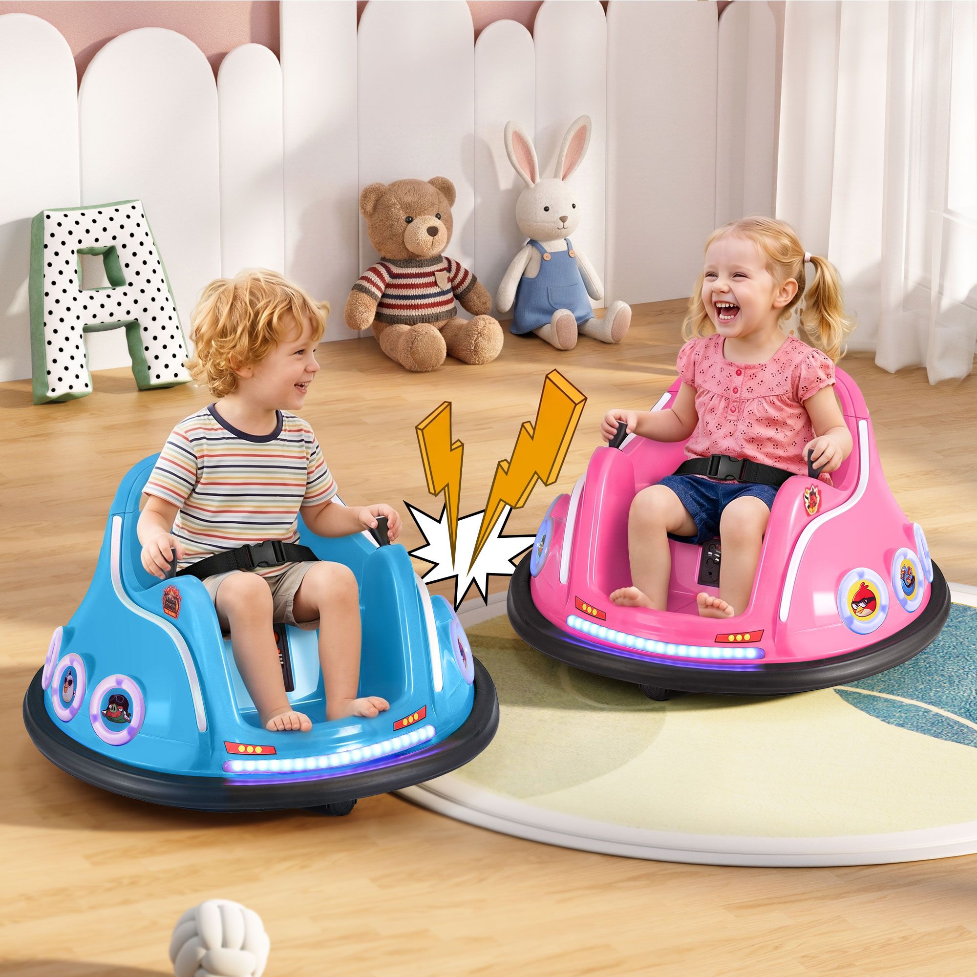 Kids Ride On Car Bumper Electric Toys Cars with Remote Control Stickers Light Blue Pink Kids Ride On Car Bumper Electric Toys Cars with Remote Control Stickers Light Blue Pink