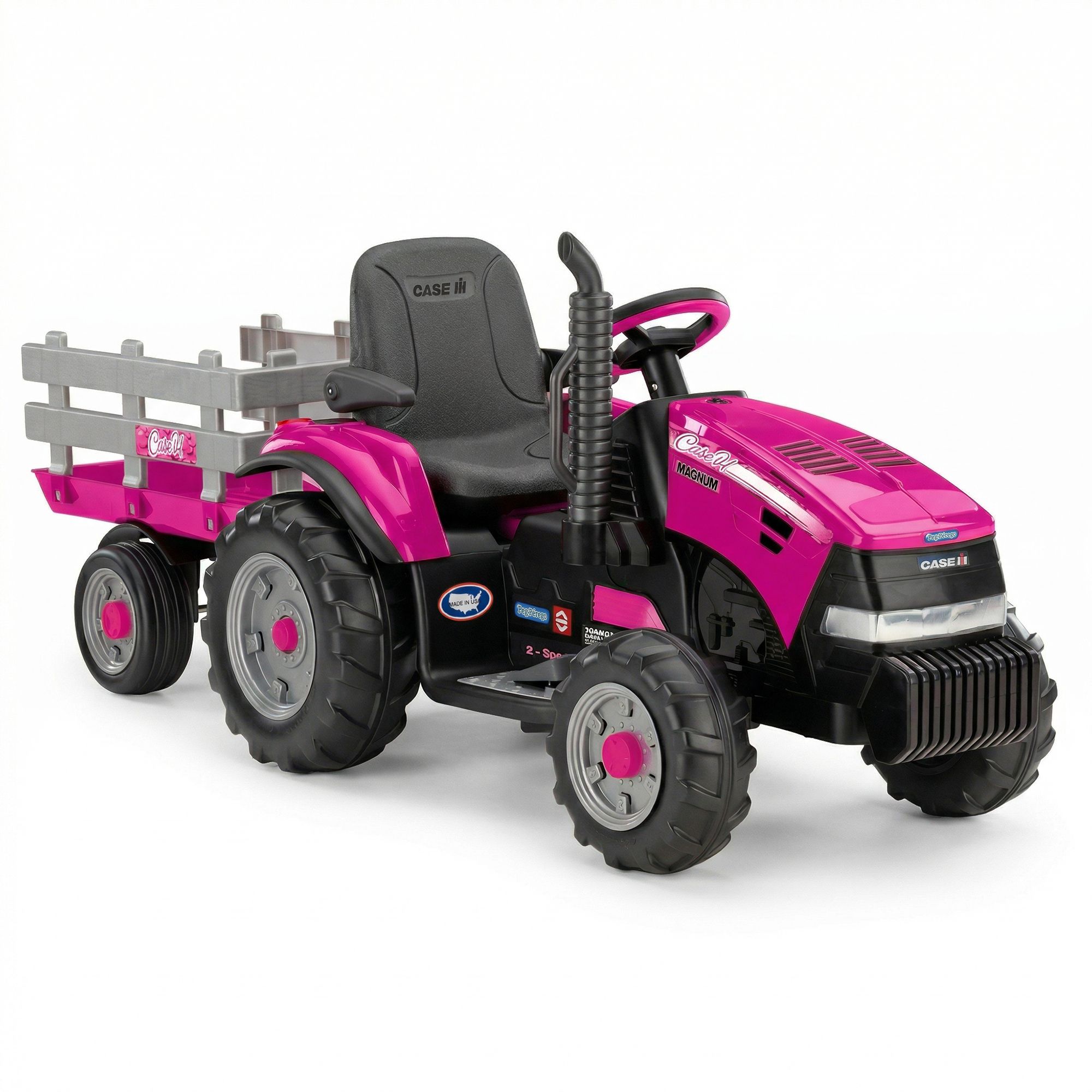 Klika Peg Perego Pink Case IH 12V Kids Ride On Tractor with Trailer 2 Speed Toy Klika Peg Perego Pink Case IH 12V Kids Ride On Tractor with Trailer 2 Speed Toy