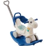 4 in 1 Rocking Horse for Toddlers 1-3 Years, Baby Rocking Horse with Detachable Balance Board, Push Handle and 4 Smooth Wheels, Support up to 80 lbs HDPE Kids Ride on Toy with Sound, Blue